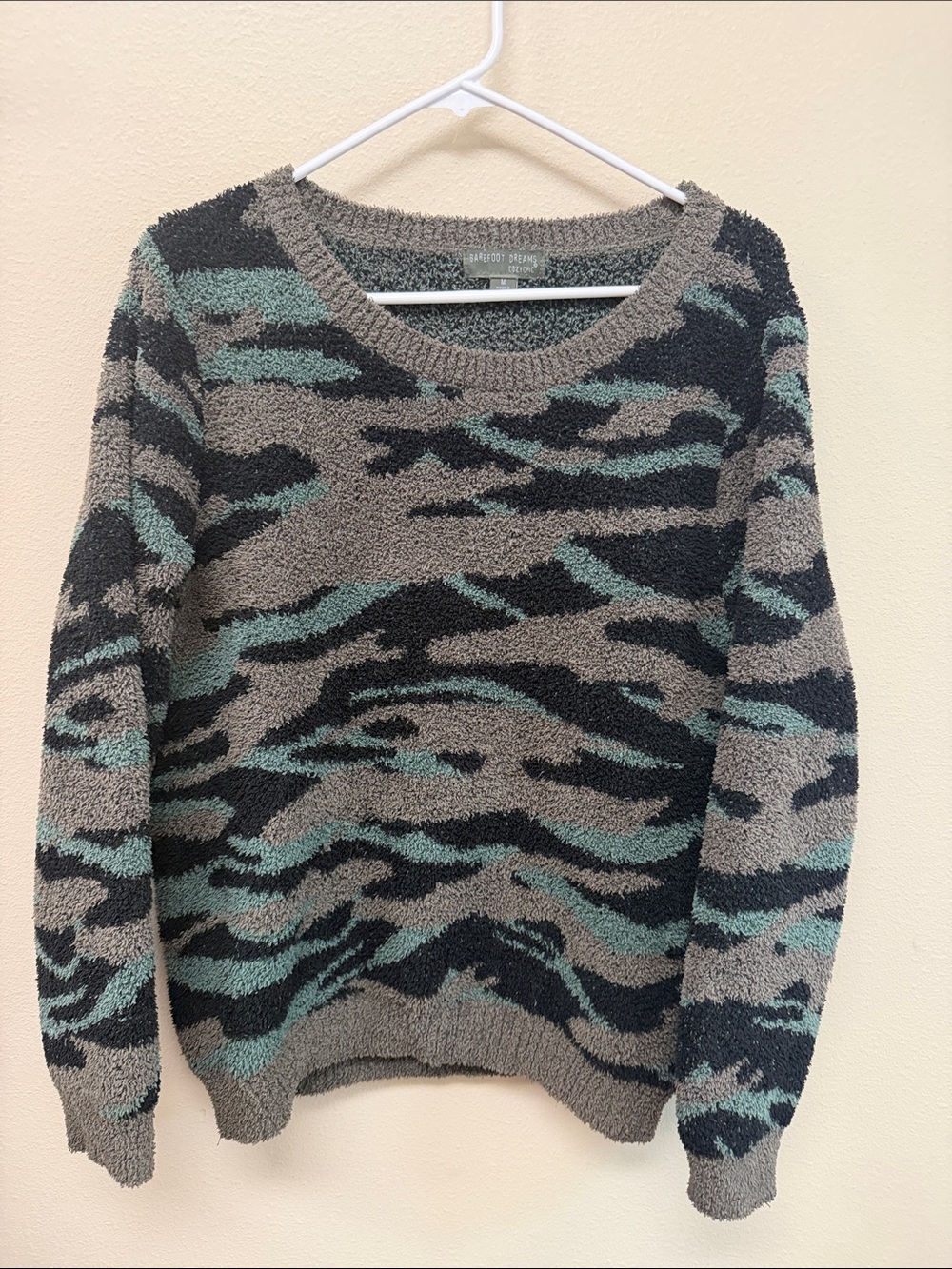 Barefoot Dreams Plush Camo Crewneck Sweater in Gray, Black & Teal
